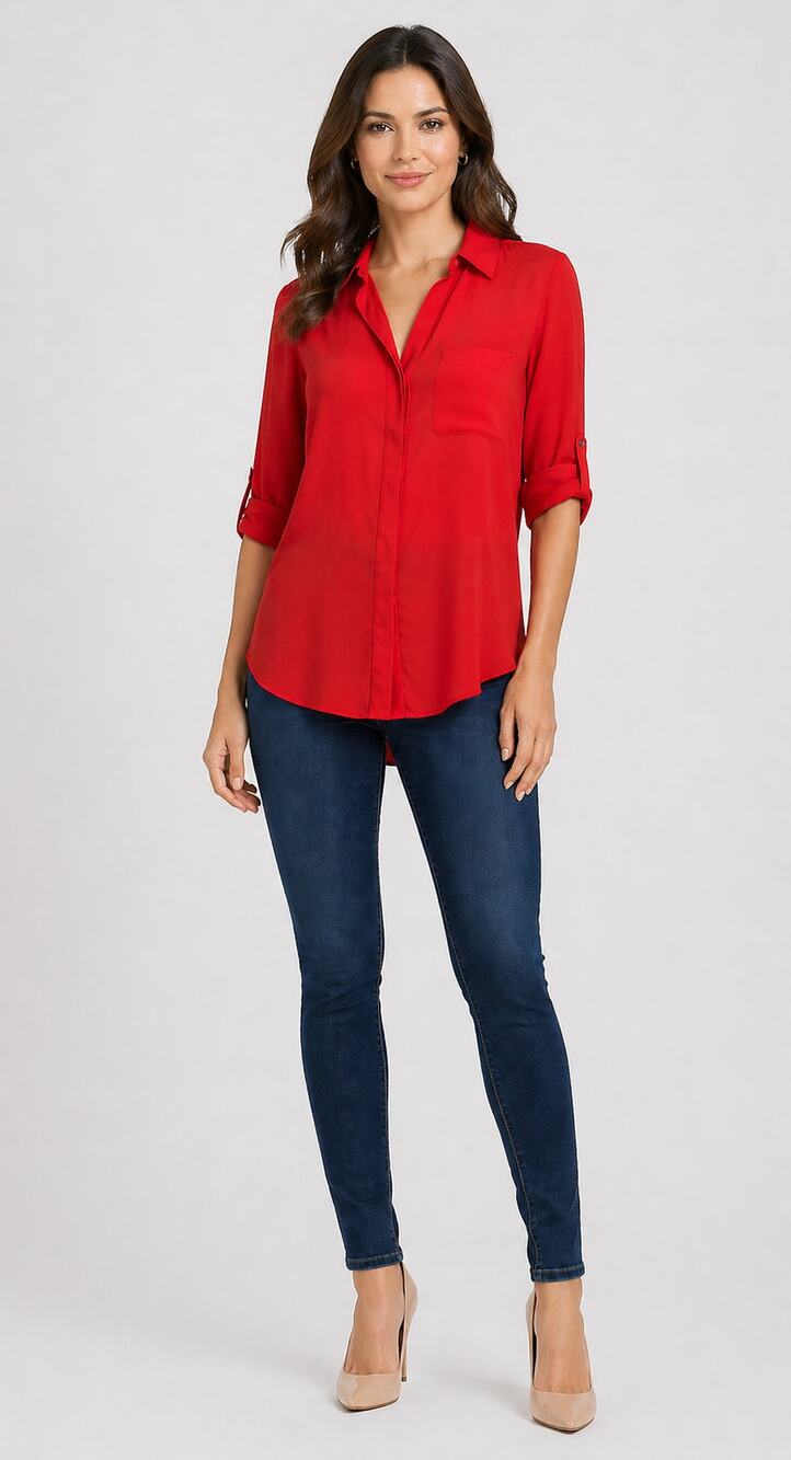 Diane Von Furstenberg Silk Button Front Roll Tab Sleeve Shirt Womens Size 2 Red